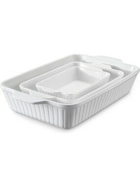 Ceramic Casserole Baking Dishes Set of 3 - Deep Lasagna Pan with Handles, White